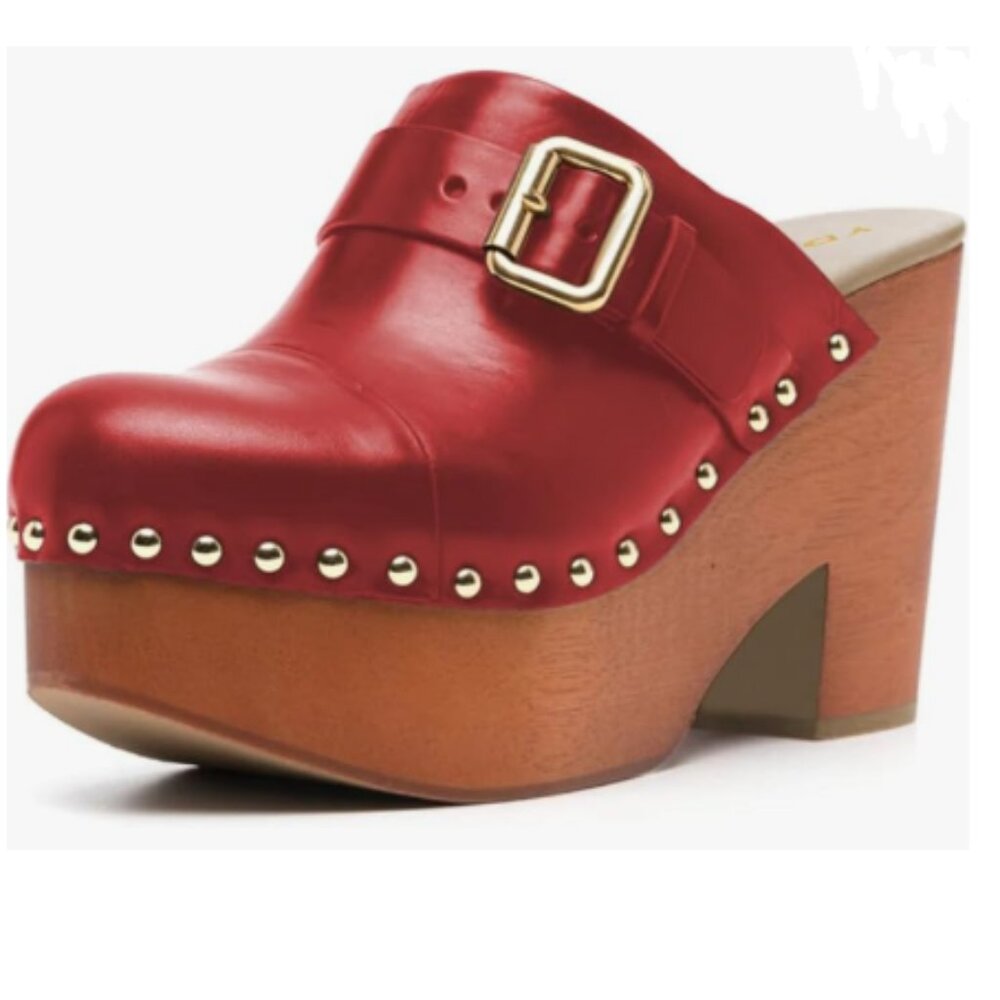 YDN Red Chic Platform Round Toe Mules Rivet Studded Chunky Heels Buckled Sandals